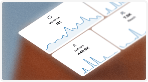 Data visualization cards showing mentions and authors
